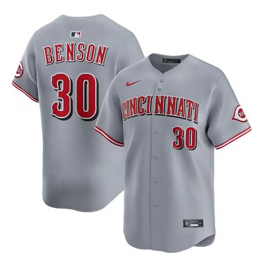 Men's Cincinnati Reds #30 Will Benson Grey Road Limited Stitched Baseball Jersey Men's Cincinnati Reds #30 Will Benson Grey Road Limited Stitched Baseball Jersey
